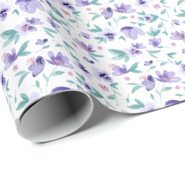 Papel De Presente Padrão Floral Purple Ditsy com Aquarela Elegante (Ponta do rolo)