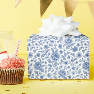 Papel De Presente Padrão Floral Real de Rosas Azuis