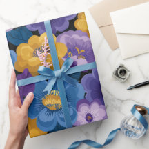 Padrão Floral Retro dos Anos 70 em Azul, Roxo e Am