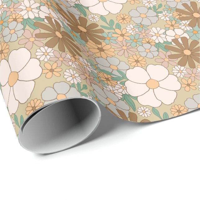 Papel De Presente Padrão Floral Retro Neutro BOHO em Tons Terrosos (Ponta do rolo)