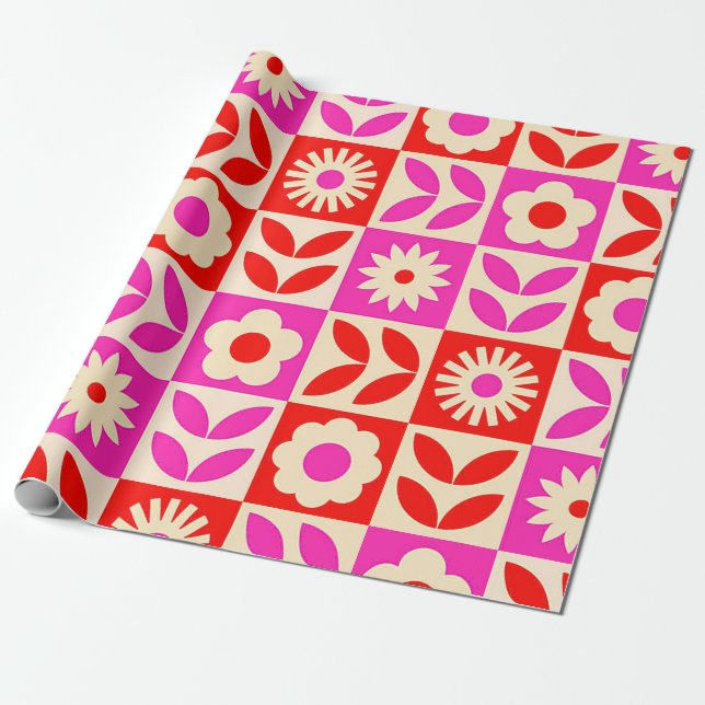 Papel De Presente Padrão Floral Retro Vibrante (Desenrolado)