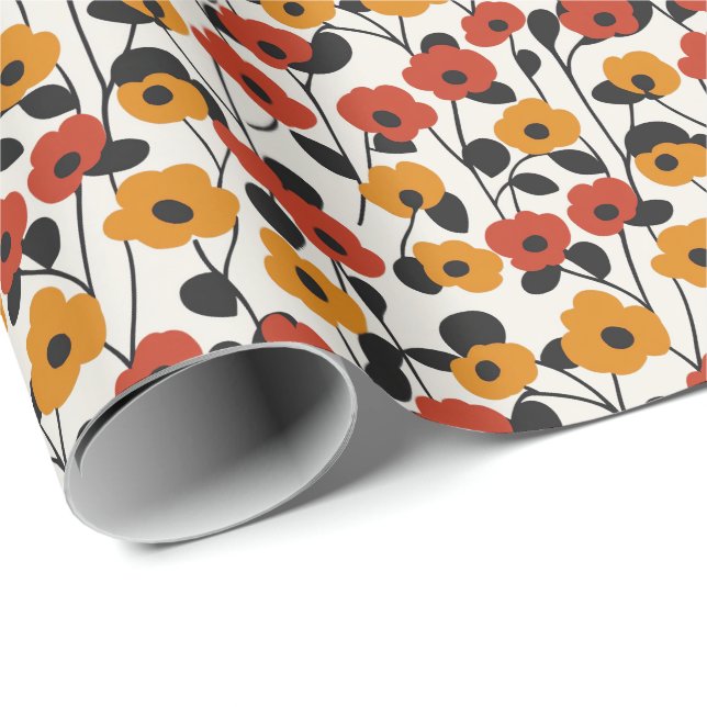 Papel De Presente Padrão Floral Retroativo Negrito Vermelho, Laranja (Ponta do rolo)