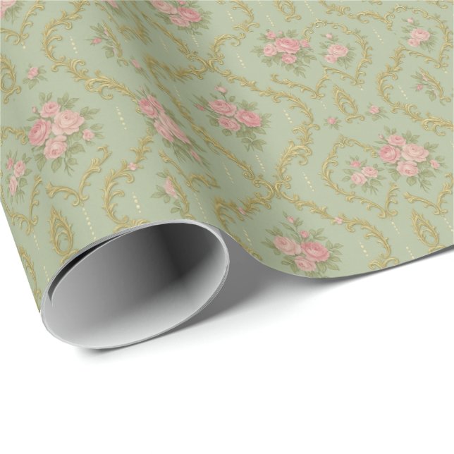 Papel De Presente Padrão Floral Rococó Elegante em Pastéis Suaves (Ponta do rolo)