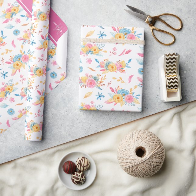 Papel De Presente Padrão Floral Rosa bonito Monograma (Artesanato)