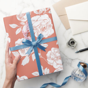 Papel De Presente Padrão Floral Rosa Coral Moderno Branco