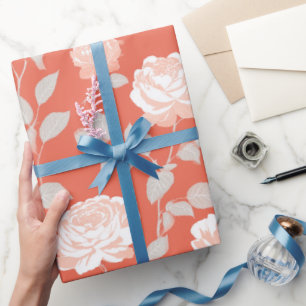 Papel De Presente Padrão Floral Rosa Coral Moderno Branco