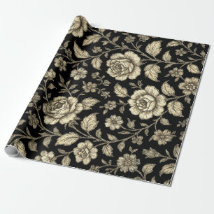 Papel De Presente Padrão Floral Rosa Dourada Vintage em Preto