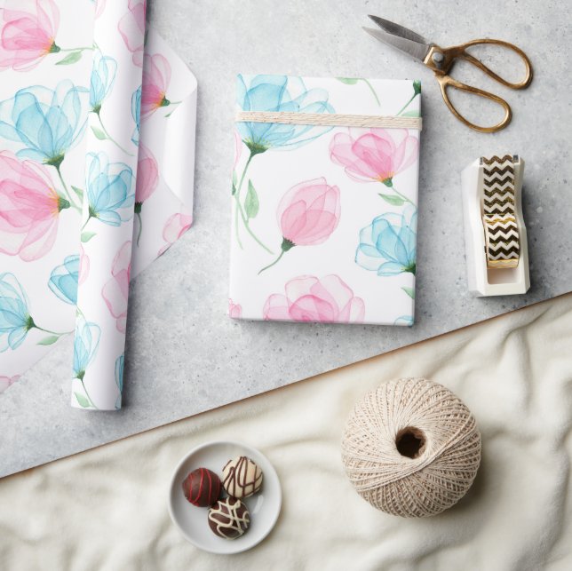 Papel De Presente Padrão Floral Rosa e Azul Elegante (Artesanato)