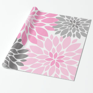 Papel De Presente Padrão Floral Rosa e Cinza Chrysanthemum