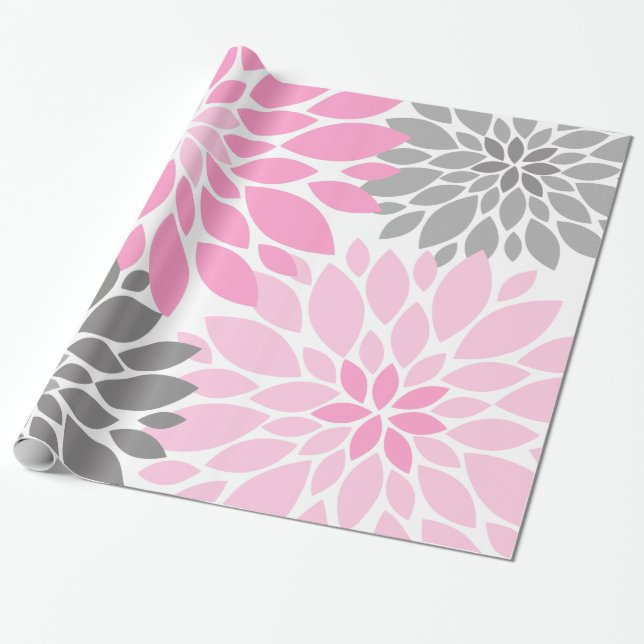 Papel De Presente Padrão Floral Rosa e Cinza Chrysanthemum (Desenrolado)
