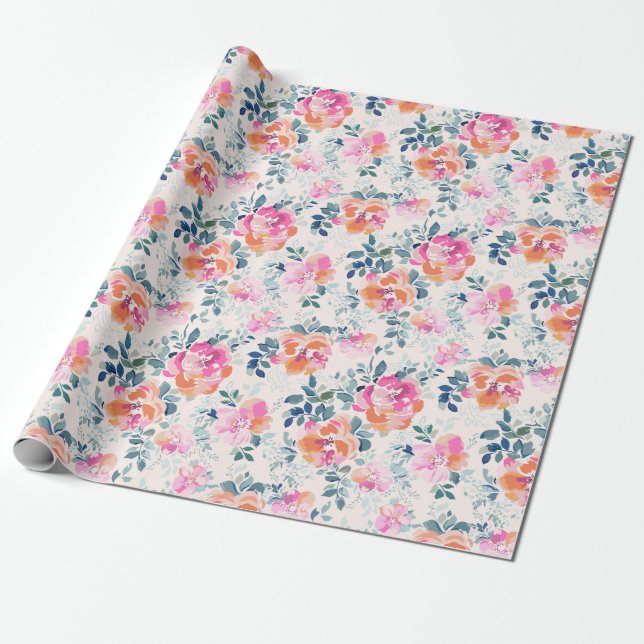 Papel De Presente Padrão Floral Rosa e Teal (Desenrolado)