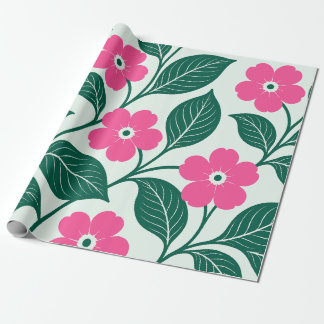 Papel De Presente Padrão Floral Rosa Elegante com Folhas Verde Escur