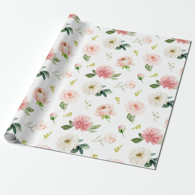 Papel De Presente Padrão Floral Rosa Feminino em Aquarela (Desenrolado)