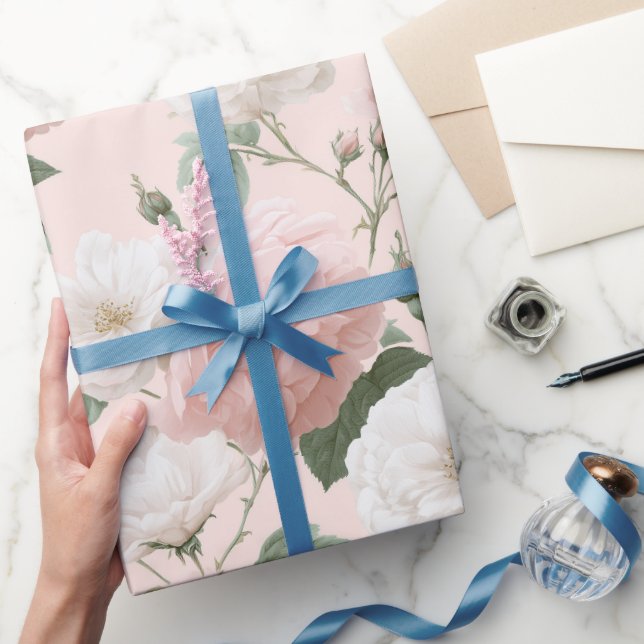 Papel De Presente Padrão Floral Rosa Macio Delicado Branco (Presentear)