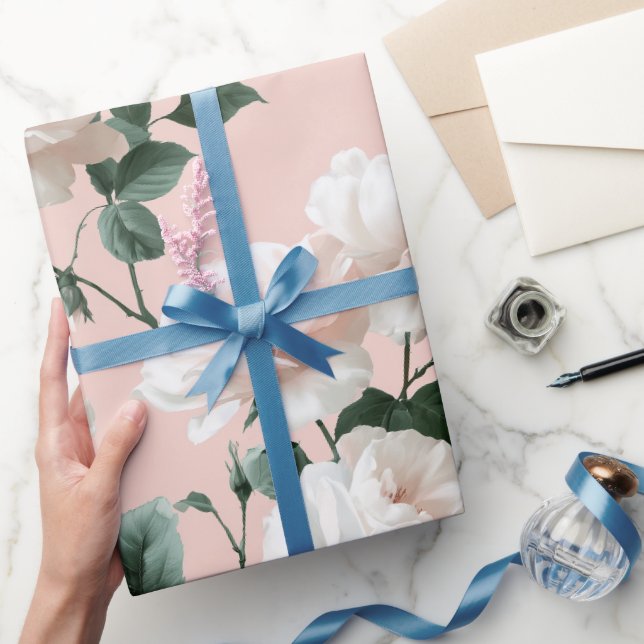 Papel De Presente Padrão Floral Rosa Macio Delicado Branco (Presentear)