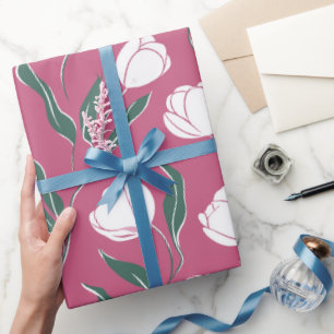 Papel De Presente Padrão Floral Rosa Moderno de Tulipa Branca