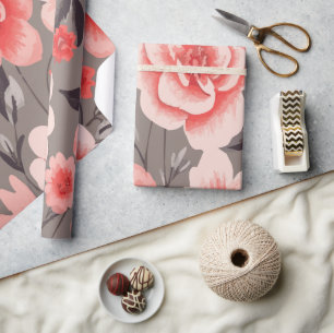 Papel De Presente Padrão Floral Rosa Suave em Fundo Cinza Elegante
