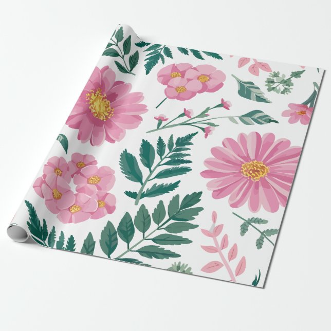 Papel De Presente Padrão Floral Rosa Vibrante com Verde Lush (Desenrolado)