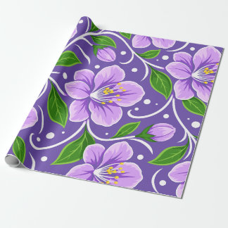 Papel De Presente Padrão Floral Roxo Claro com Folhas Verdes