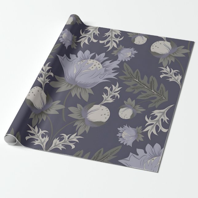 Papel De Presente Padrão floral roxo escuro simétrico (Desenrolado)