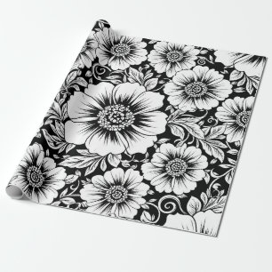 Papel De Presente Padrão Floral Sem Costura Preto Branco Vintage (2)