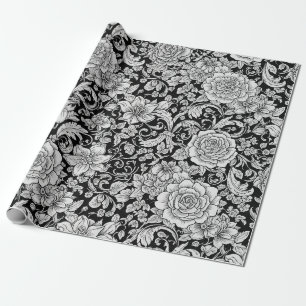 Papel De Presente Padrão Floral Sem Costura Preto Branco Vintage (6)