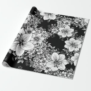 Papel De Presente Padrão Floral Sem Costura Preto e Branco Vintage (