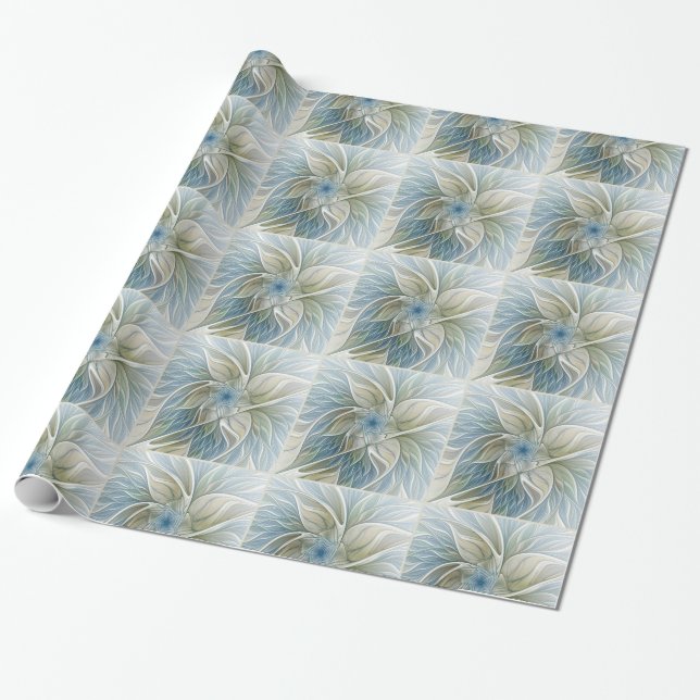 Papel De Presente Padrão Floral Sonho Abstrato Azul Caqui Fractal (Desenrolado)