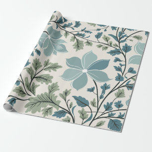 Papel De Presente Padrão Floral Teal e Verde em Fundo Creme