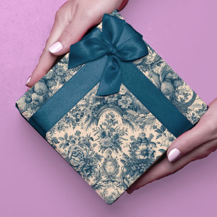 Papel De Presente Padrão Floral Toile de Jouy Azul Vintage