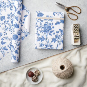 Papel De Presente Padrão Floral Toile Vintage Azul Branco