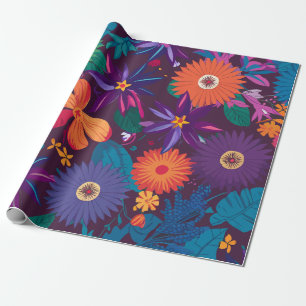 Papel De Presente Padrão Floral Tropical Colorida com Blooms Negros