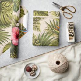 Papel De Presente Padrão Floral Tropical – Hibisco, Monstera