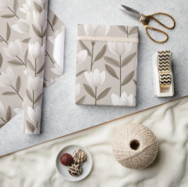 Papel De Presente Padrão Floral Tulipa Neutra Moderna Marfim