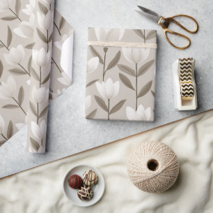 Papel De Presente Padrão Floral Tulipa Neutra Moderna Marfim