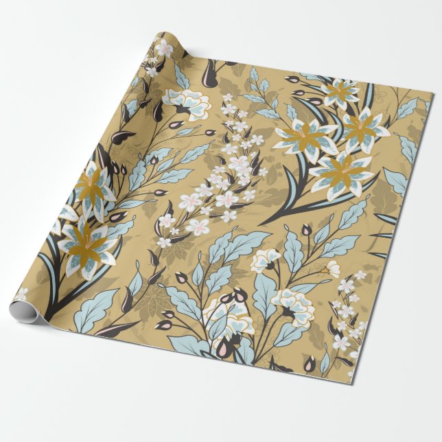 Papel De Presente Padrão floral uniforme em vinheta num fundo preto (Desenrolado)