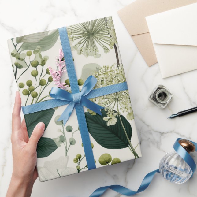 Papel De Presente Padrão Floral Verde Botânico Creme (Presentear)