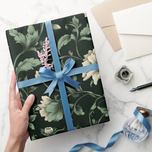 Papel De Presente Padrão Floral Verde Botânico Creme (Presentear)
