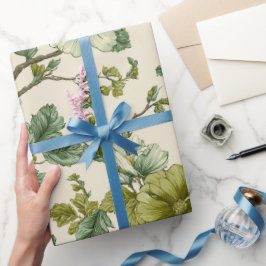 Papel De Presente Padrão Floral Verde Botânico Flor Creme