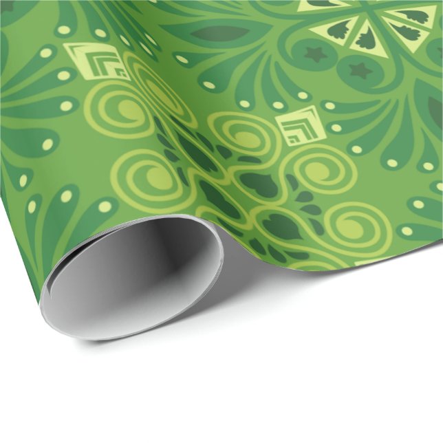 Papel De Presente Padrão floral verde contínuo com simetria (Ponta do rolo)