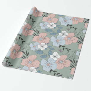 Papel De Presente Padrão Floral Verde, Cor-de-Rosa, Azul e Cor-de-Ro