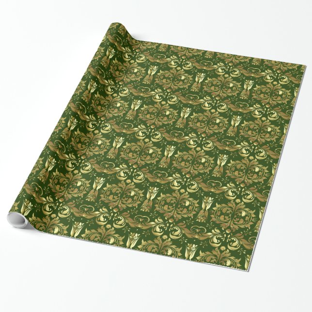 Papel De Presente Padrão Floral Verde Dourado E Profundo (Desenrolado)