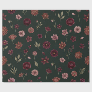 Papel De Presente Padrão Floral Verde Escuro Vintage Borgonha Mal-hu