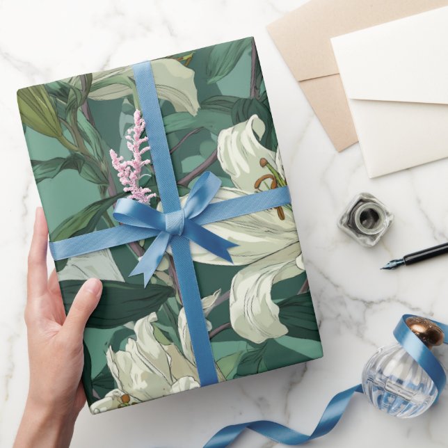 Papel De Presente Padrão Floral Verde Lírio Branco Clássico (Presentear)