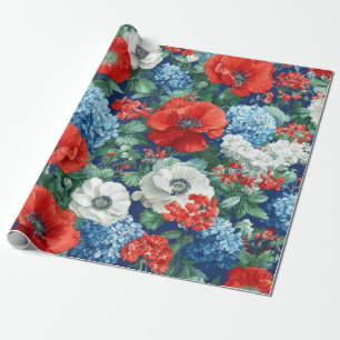 Papel De Presente Padrão Floral Vermelho Azul Branco Patriótico (1)