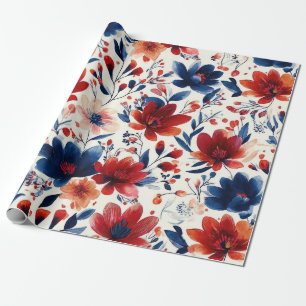 Papel De Presente Padrão Floral Vermelho Azul Branco Patriótico (10)