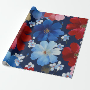 Papel De Presente Padrão Floral Vermelho Azul Branco Patriótico (9)