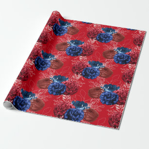 Papel De Presente Padrão Floral Vermelho, Branco e Azul dos EUA