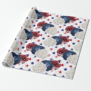 Papel De Presente Padrão Floral Vermelho, Branco e Azul EUA