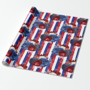 Papel De Presente Padrão Floral Vermelho, Branco e Azul EUA